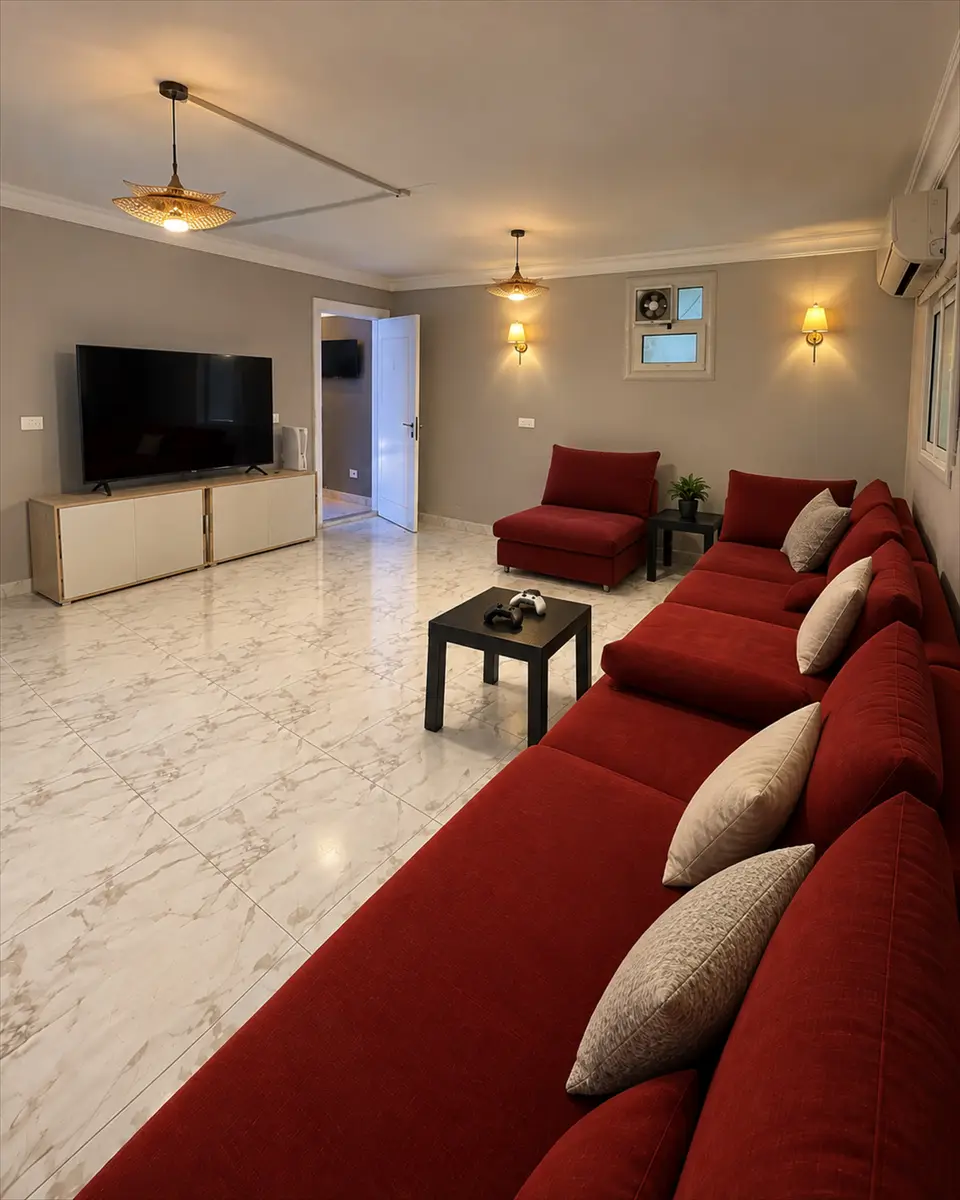 Room 01: a long red sofa, marble floor and a big TV