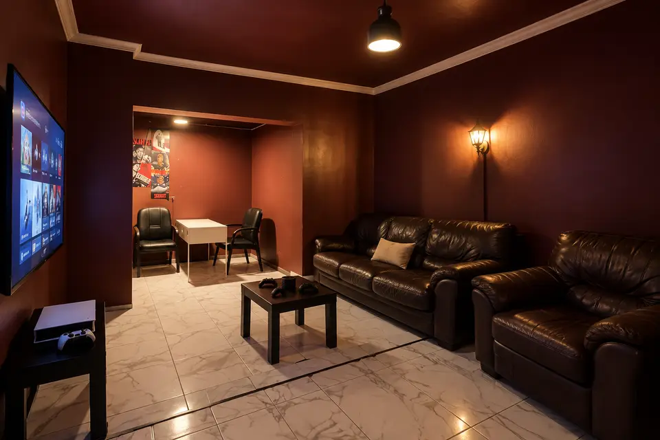 Room 04: leather sofas, warm wood walls and a big screen